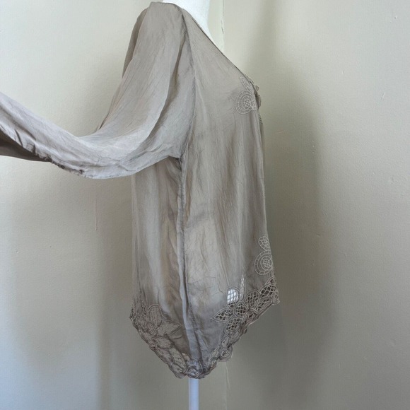 Johnny Was Embroidered Georgette Top Roll Tab Long Sleeve Small Grey Cupra Lace - Picture 4 of 13